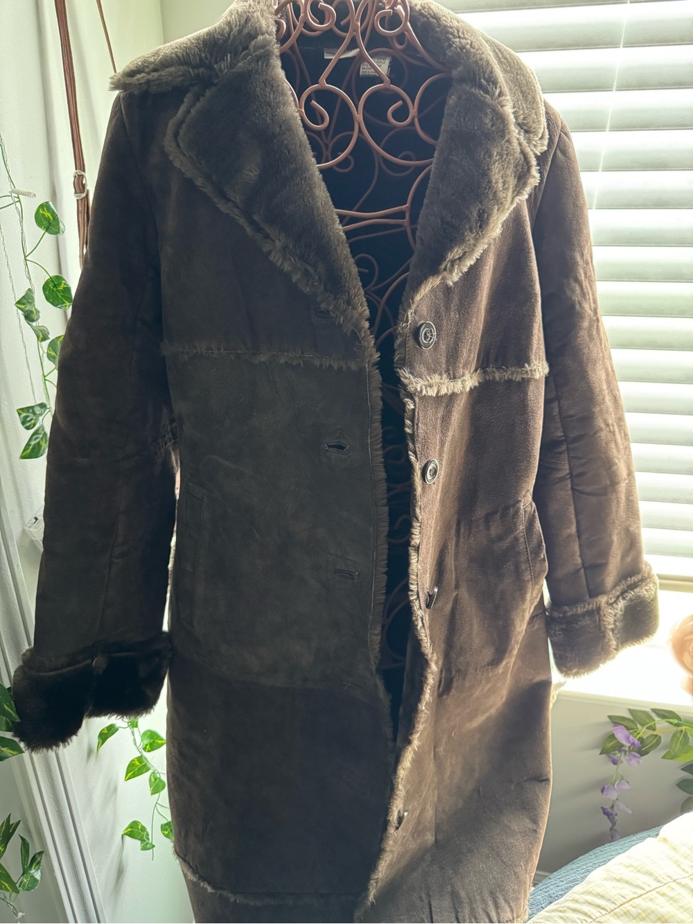 VTG Leather maxi length suede fur penny lane button up brown chocolate patchwork